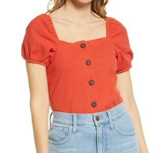 Madewell Women's XXS Jacquard Square Neck Puff Sleeve Top Button Rusted Clay